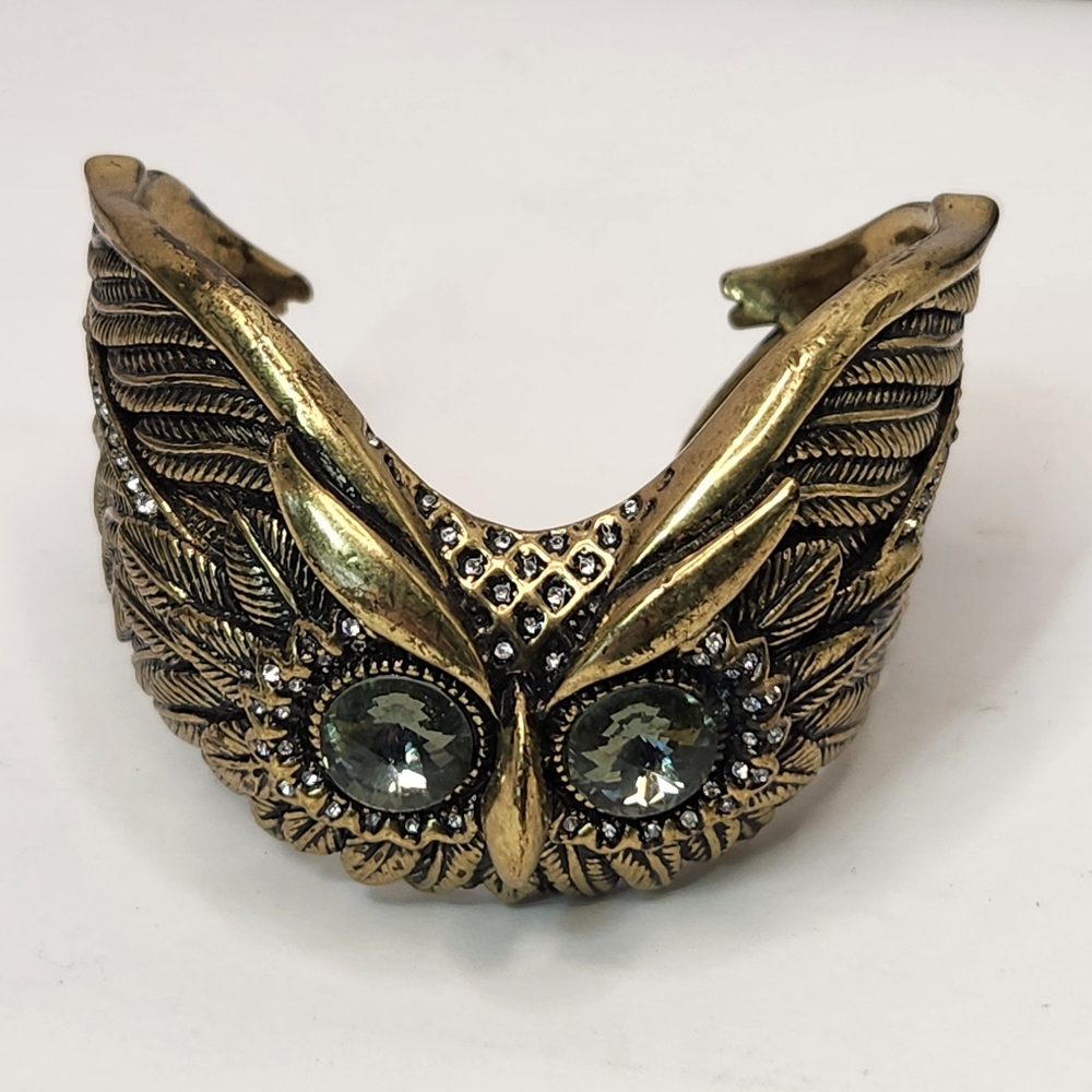 fossil brass owl face cuff bracelet chunky steampunk rhinestone eyes gothic